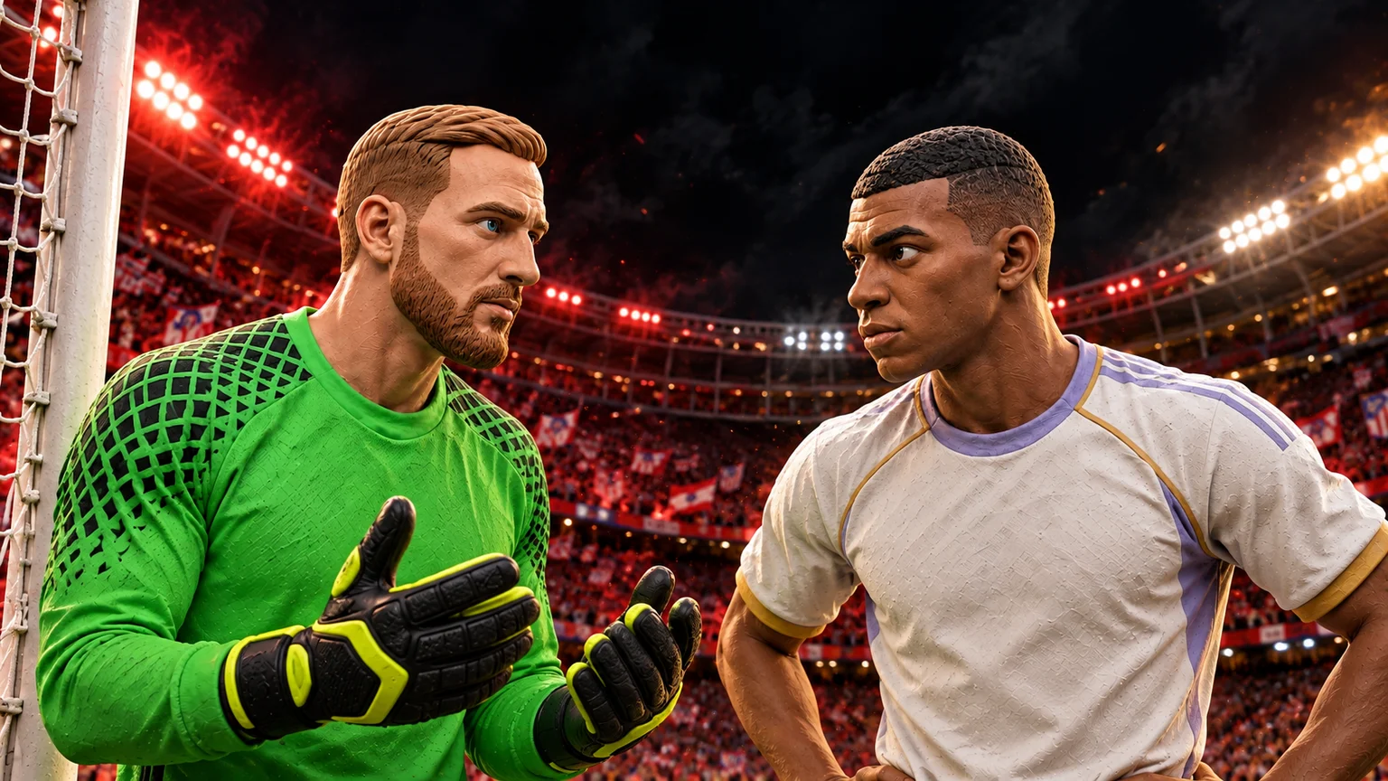 Recreación en plastilina de Jan Oblak y Kylian Mbappé conversando junto a una portería