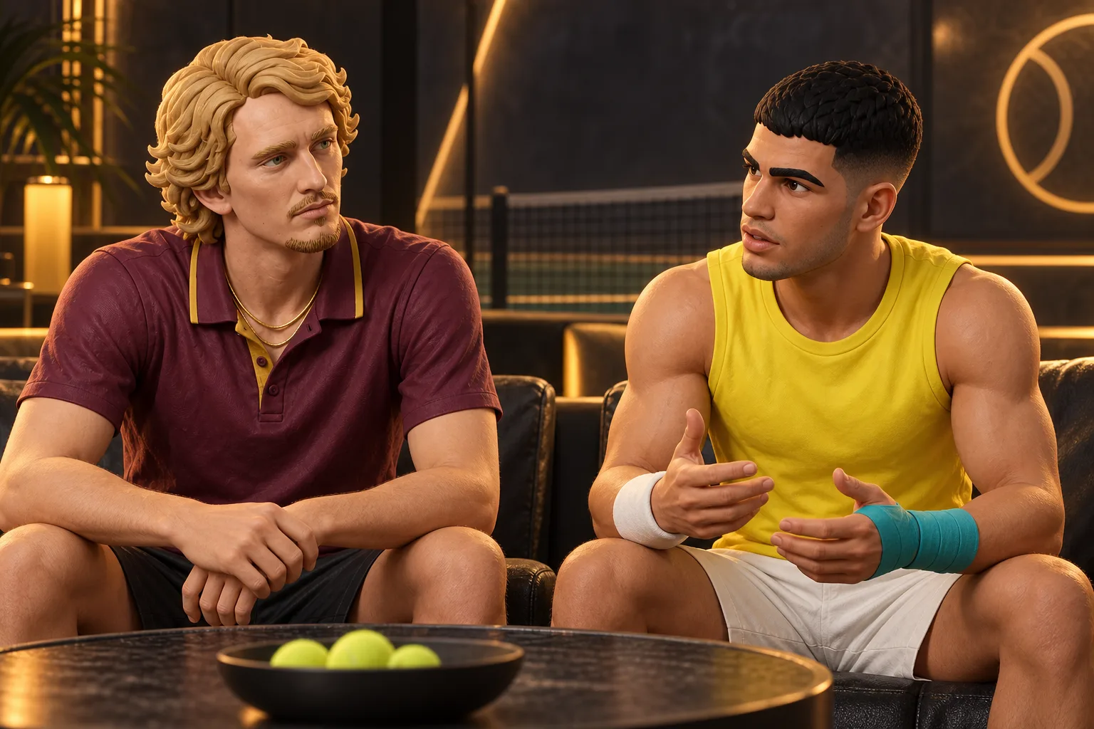 Ilustración de Zverev y Alcaraz conversando en un ambiente de tenis con iluminación ámbar